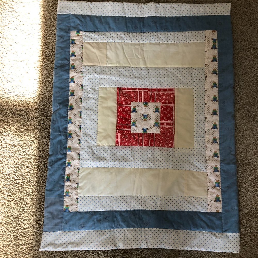 Patchwork Cotton Quilt Baby Blanket Bears Theme Reversible 33x44.5”